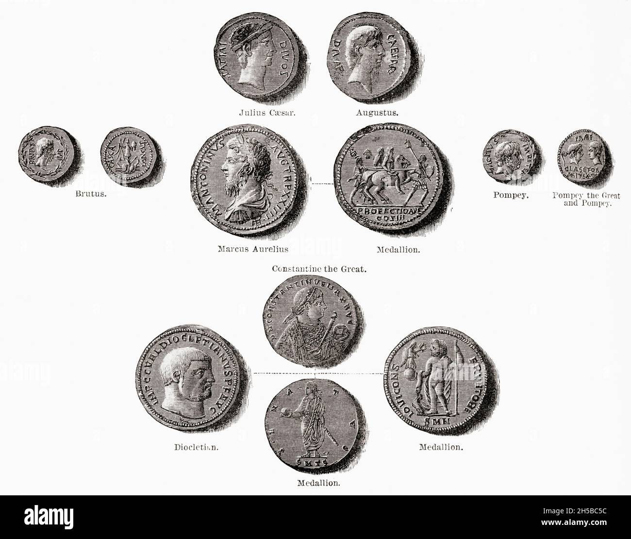 Coins of the Roman Republic and the Empire.  From Cassell's Illustrated Universal History, published 1883. Stock Photo