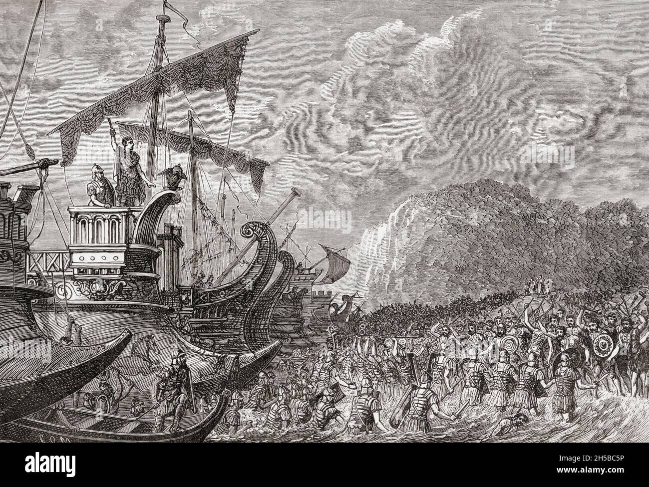 The landing of Julius Caesar in Great Britain, 55/54BC.  From Cassell's Illustrated Universal History, published 1883. Stock Photo