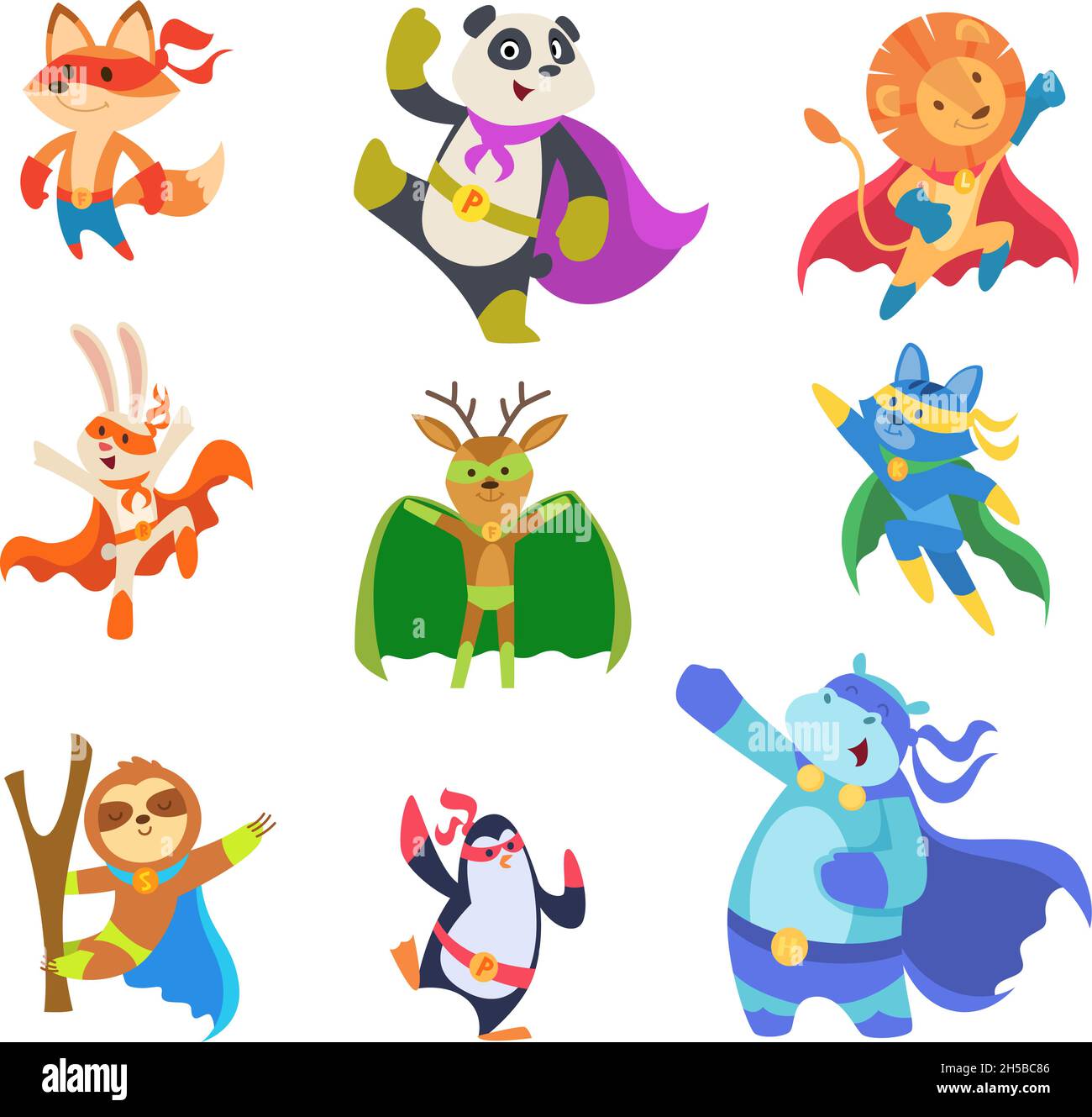 Hero animals. Zoo strong defenders city superheroes in mask cats dogs elephants exact vector flat characters collection set Stock Vector