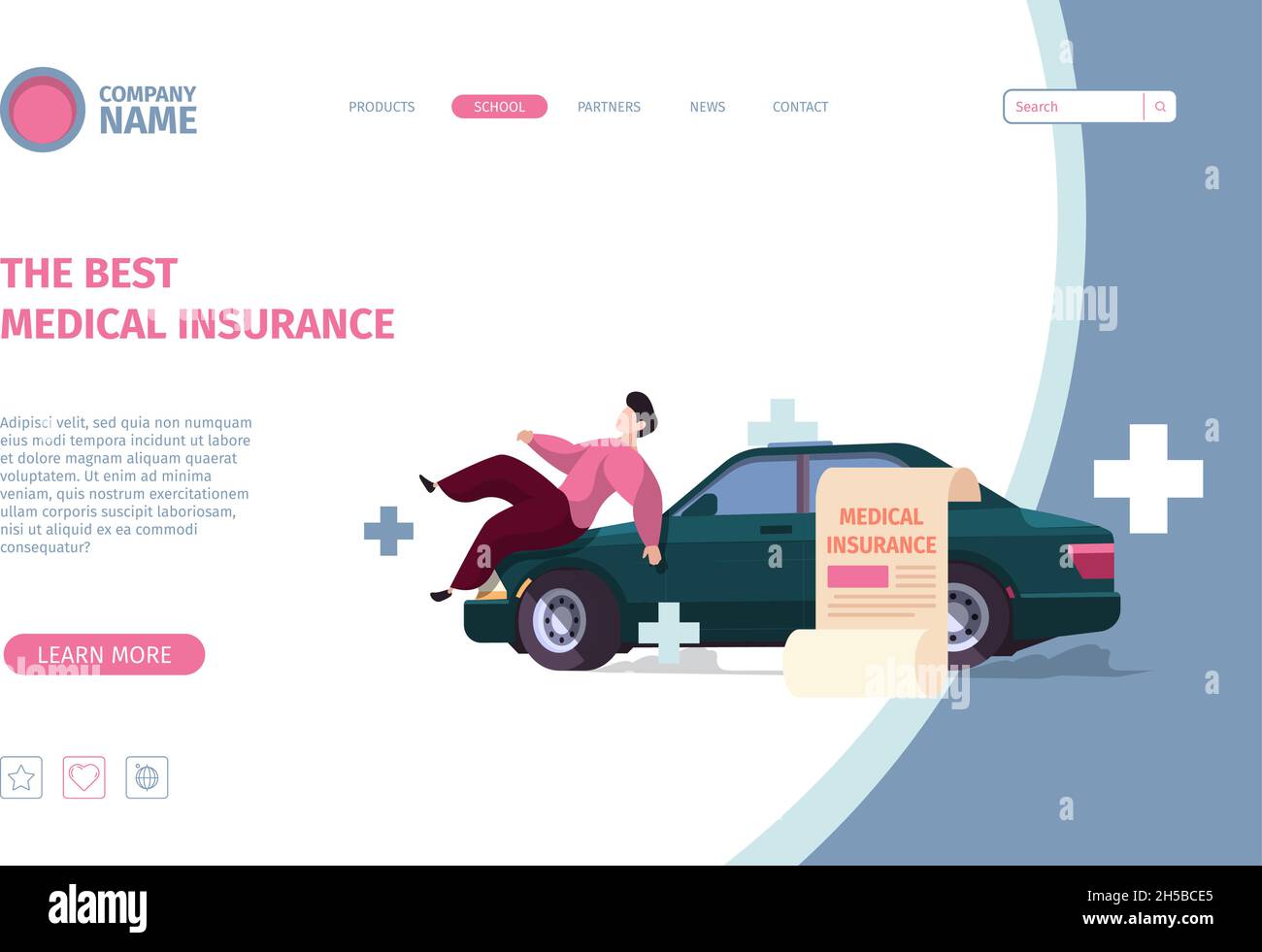Car insurance landing. Accident with automobiles safety auto garish vector web template with concept illustration and place for text Stock Vector