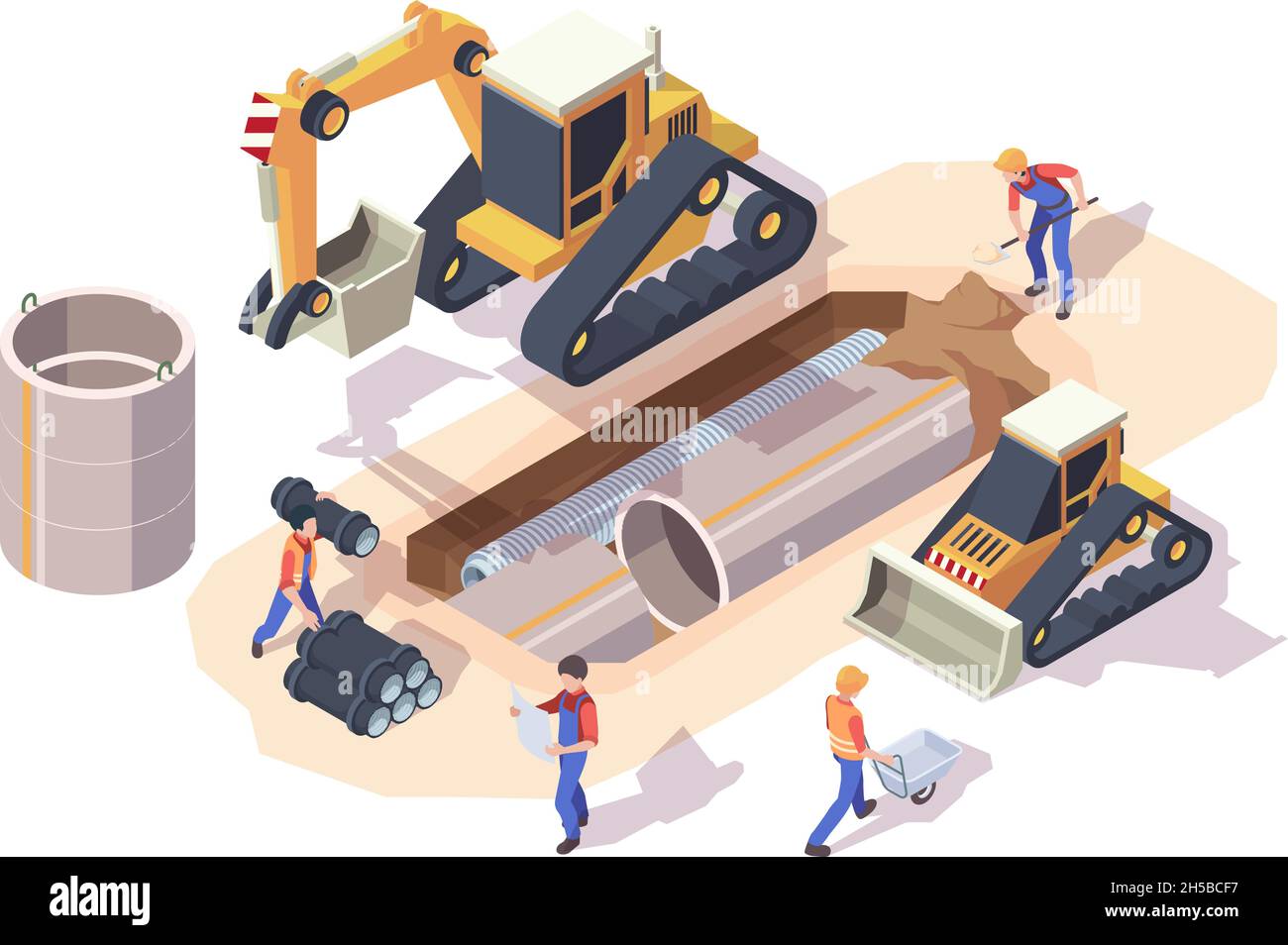 Pipeline installation. Urban work machine industrial steel pipe