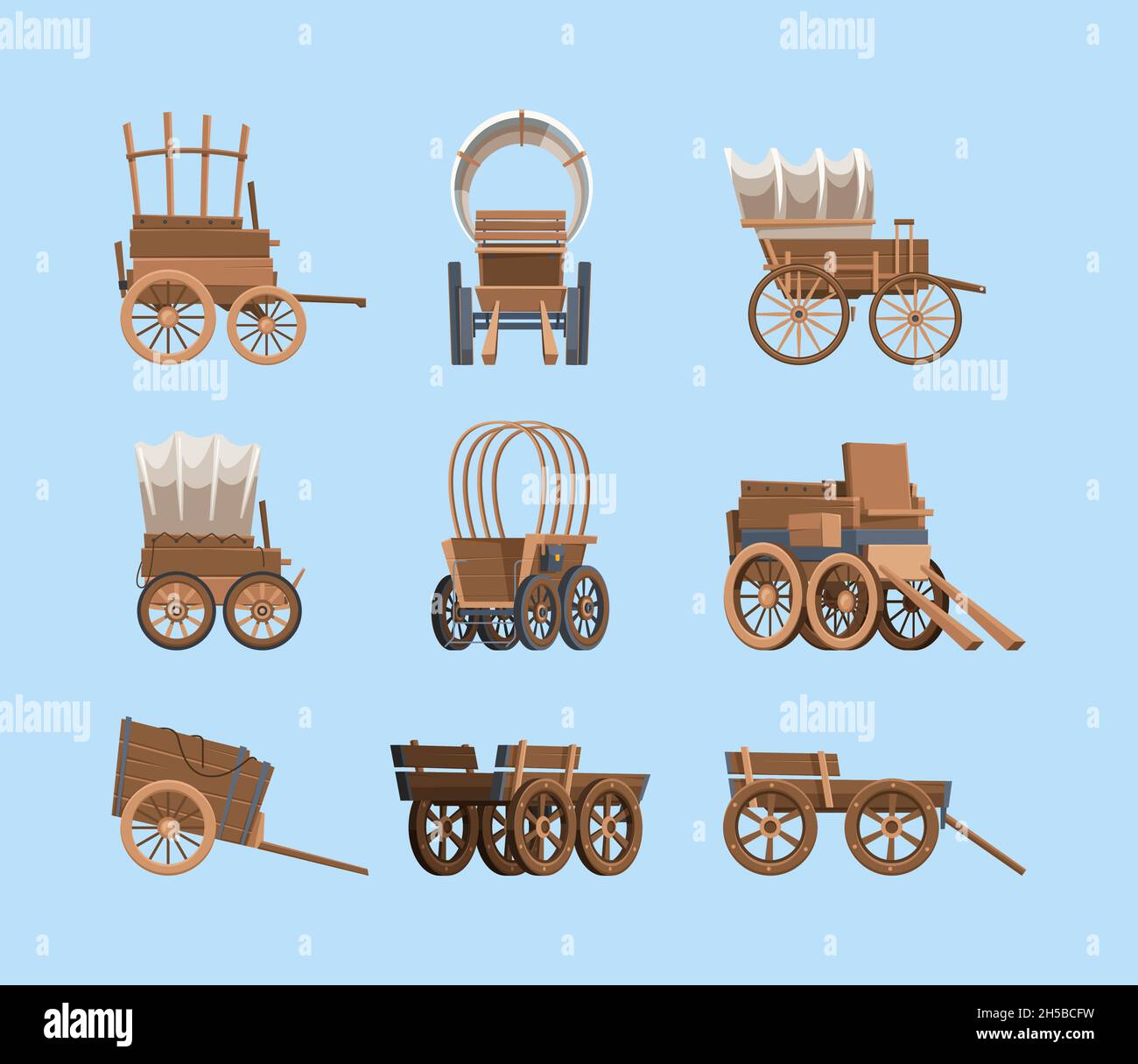 Vintage wagon. Wooden old carriage big wheels wild west ancient transport with horse garish vector pictures of western wagon Stock Vector