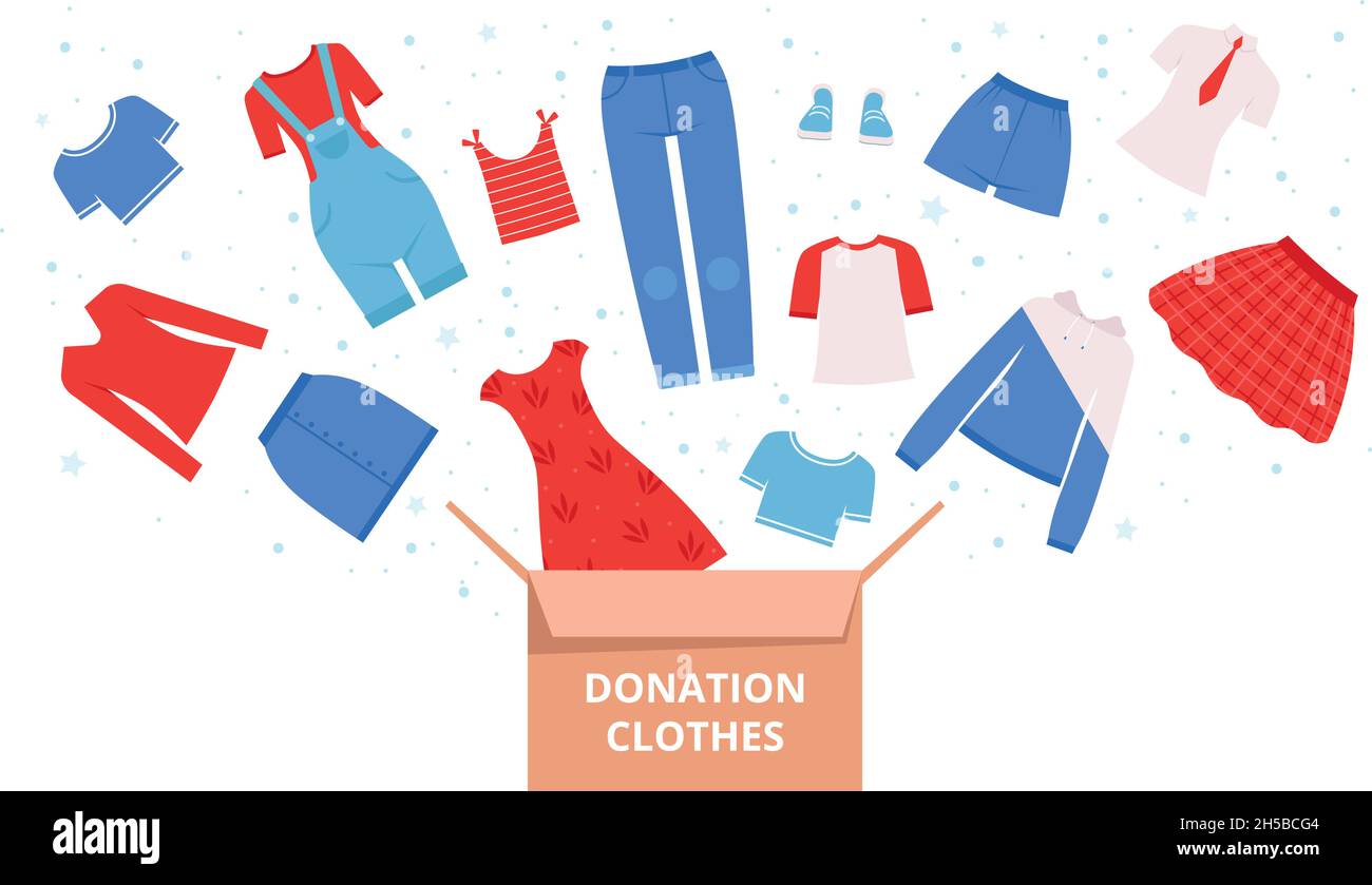 Donation clothes. Help urban needed clothes sweaters dresses pants for poor people nowaday vector illustrations in cartoon style Stock Vector