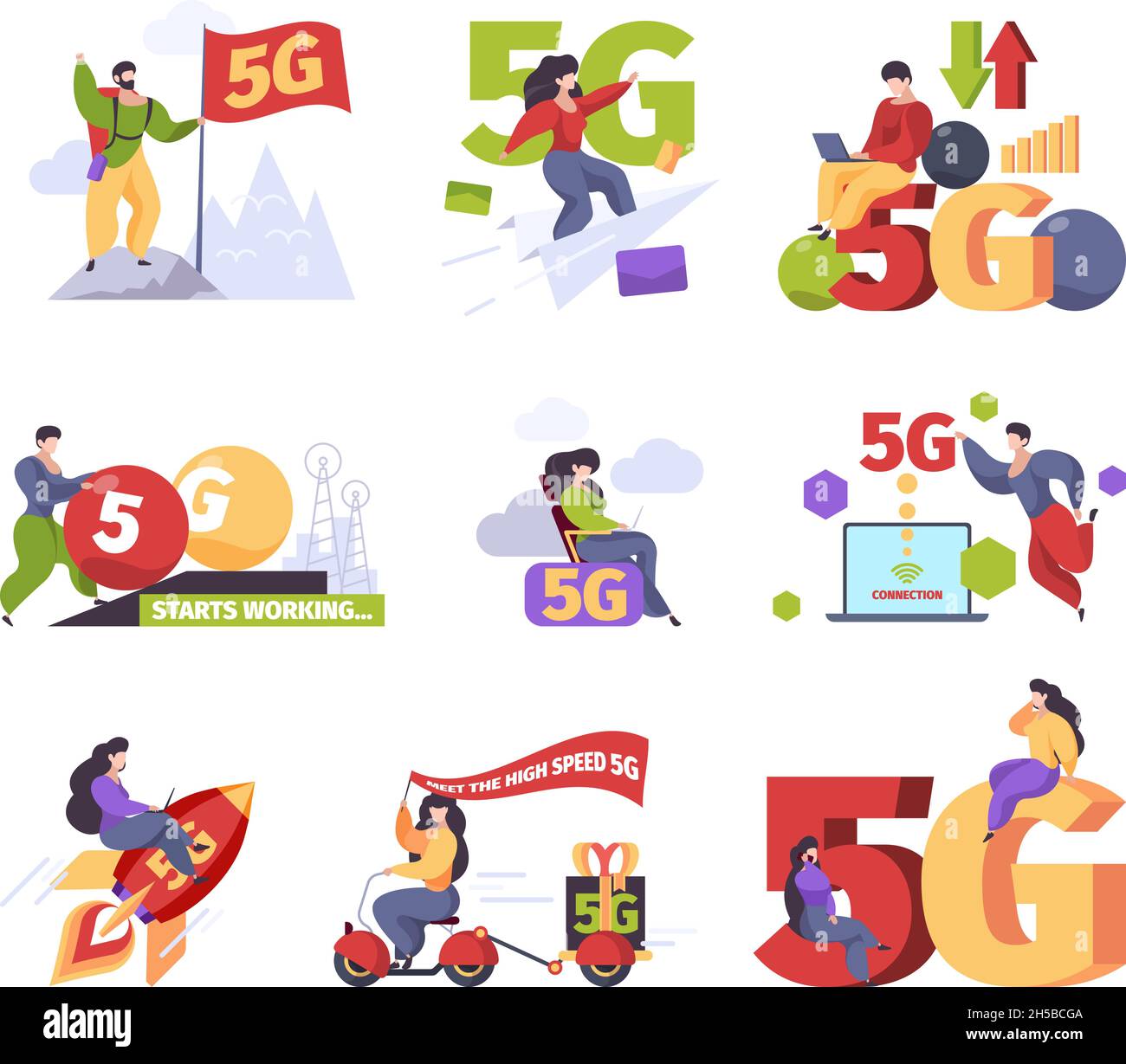 5g technologies. Telecommunication fast mobile network future technologies cellular broadcasting good connection garish vector business concept Stock Vector