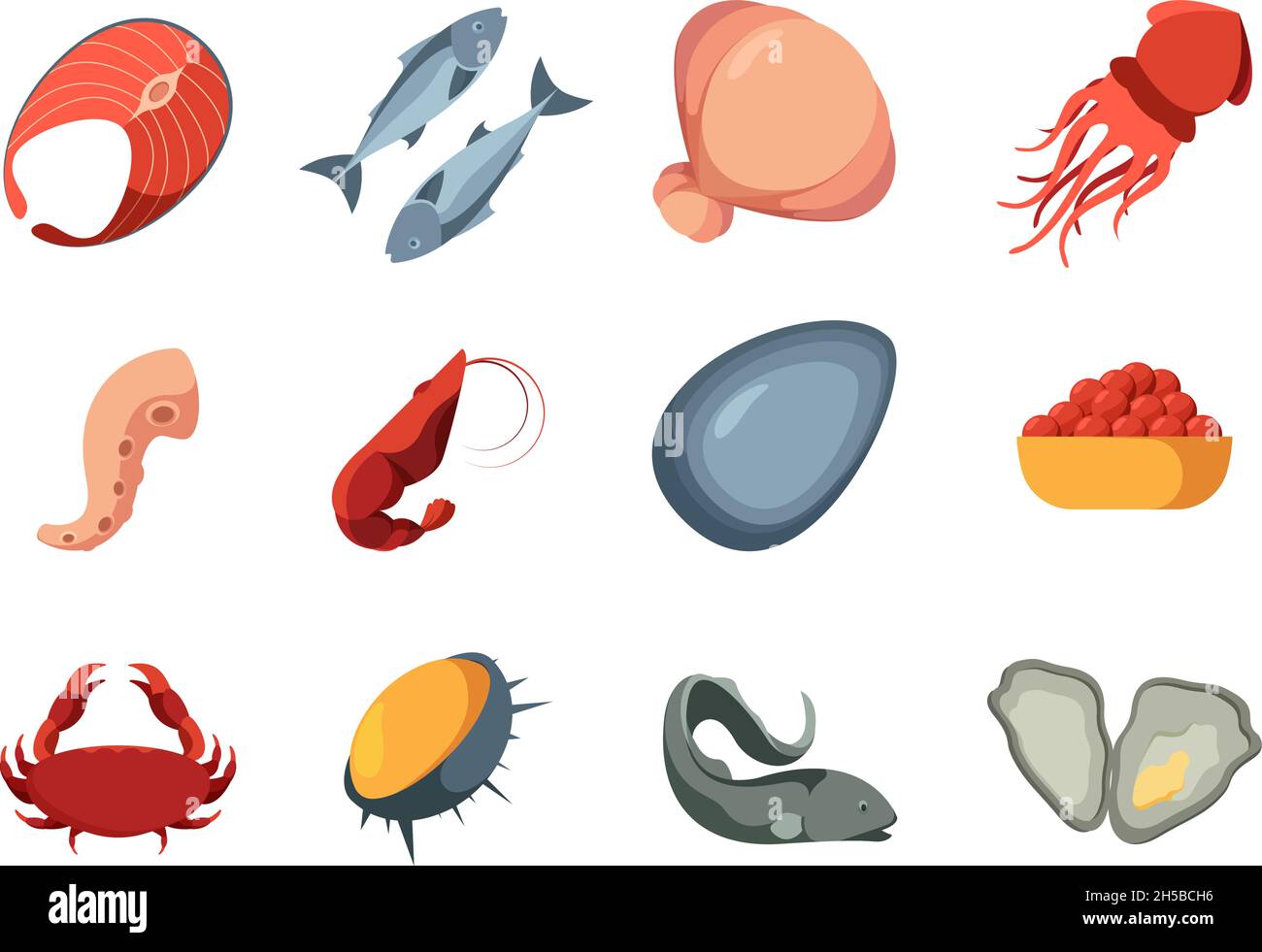 Seafood colored. Ocean delicious natural products marine fish squids oysters sliced crab garish exotic seafood vector pictures Stock Vector