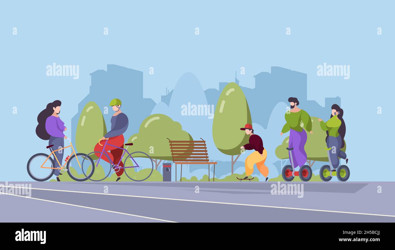 People riders in urban park. Outdoor sport activities in city active relax happy persons riding on bike electric scooter segway bicycle garish vector Stock Vector