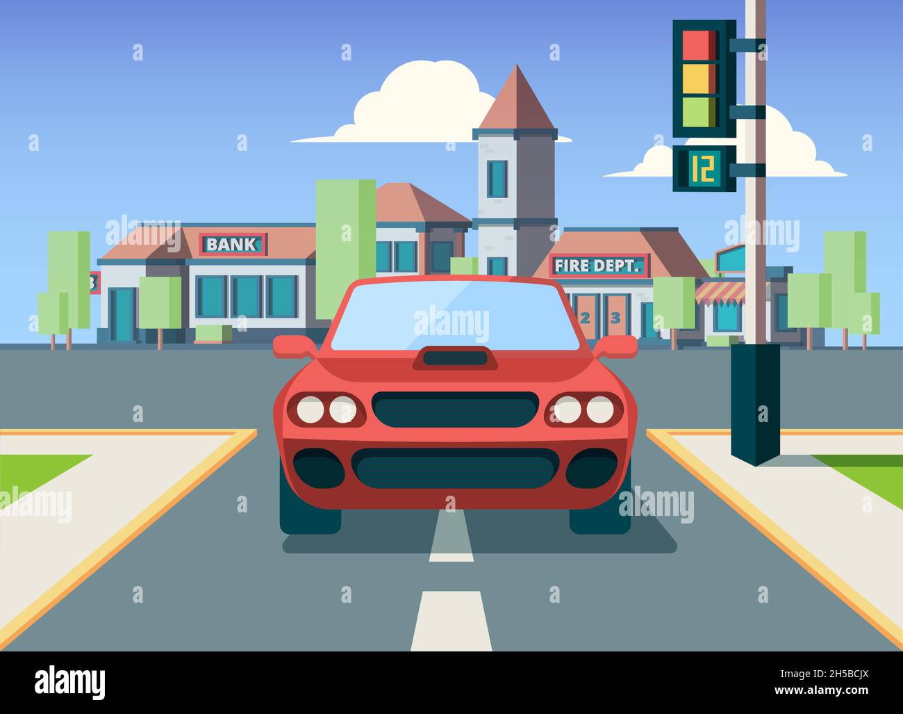 Urban car front view. City background with buildings on landscape vehicles on road travelling concept garish vector picture Stock Vector