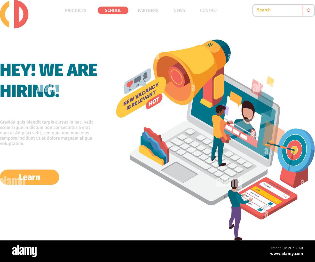 We are hiring landing. Business employers person use loudspeaker recruitment concept hiring good team or worker specialist resume garish vector web Stock Vector