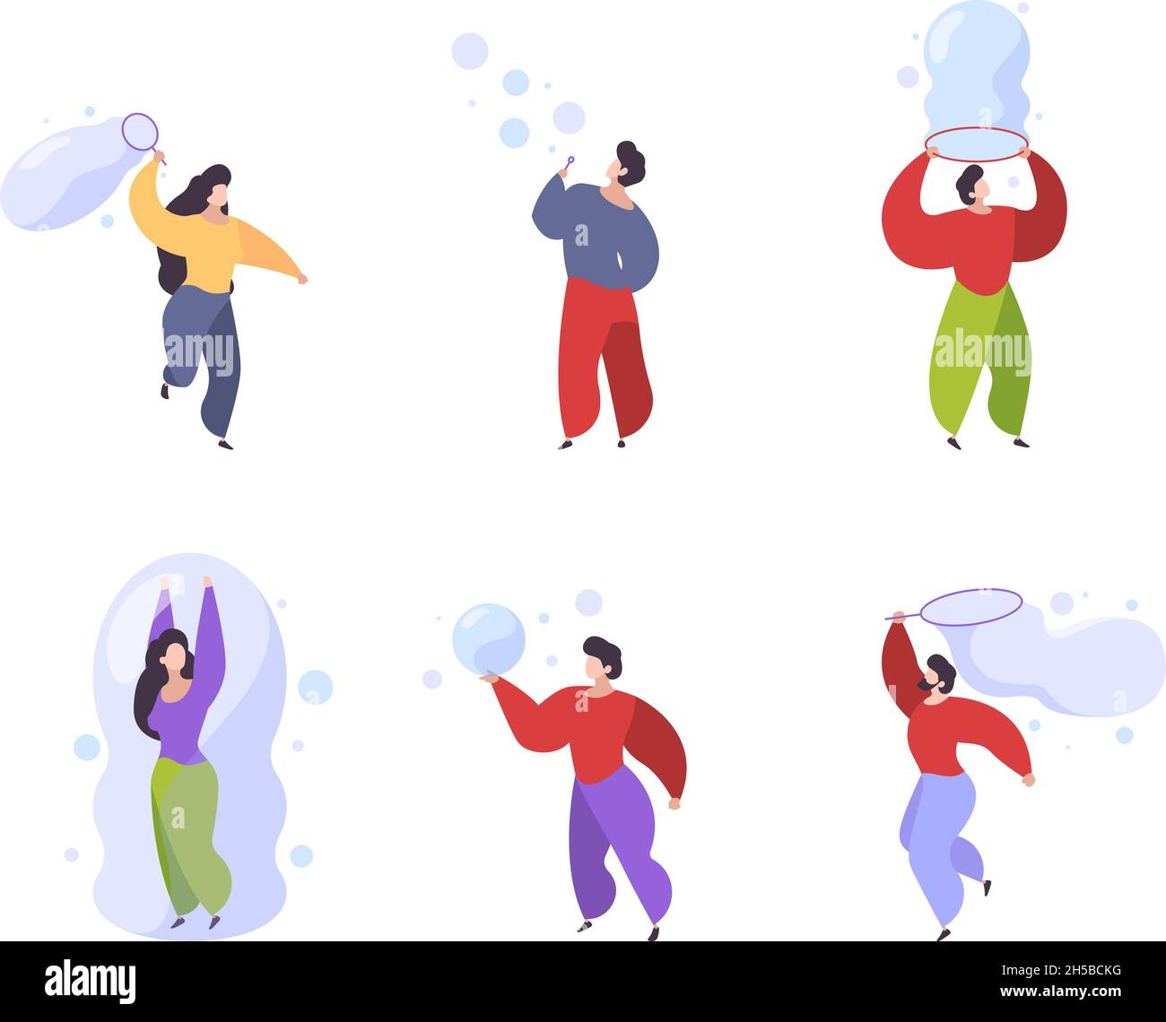 Soap bubbles. Kids active people attractions playing with soap bubbles garish vector illustrations collection various characters male and female Stock Vector