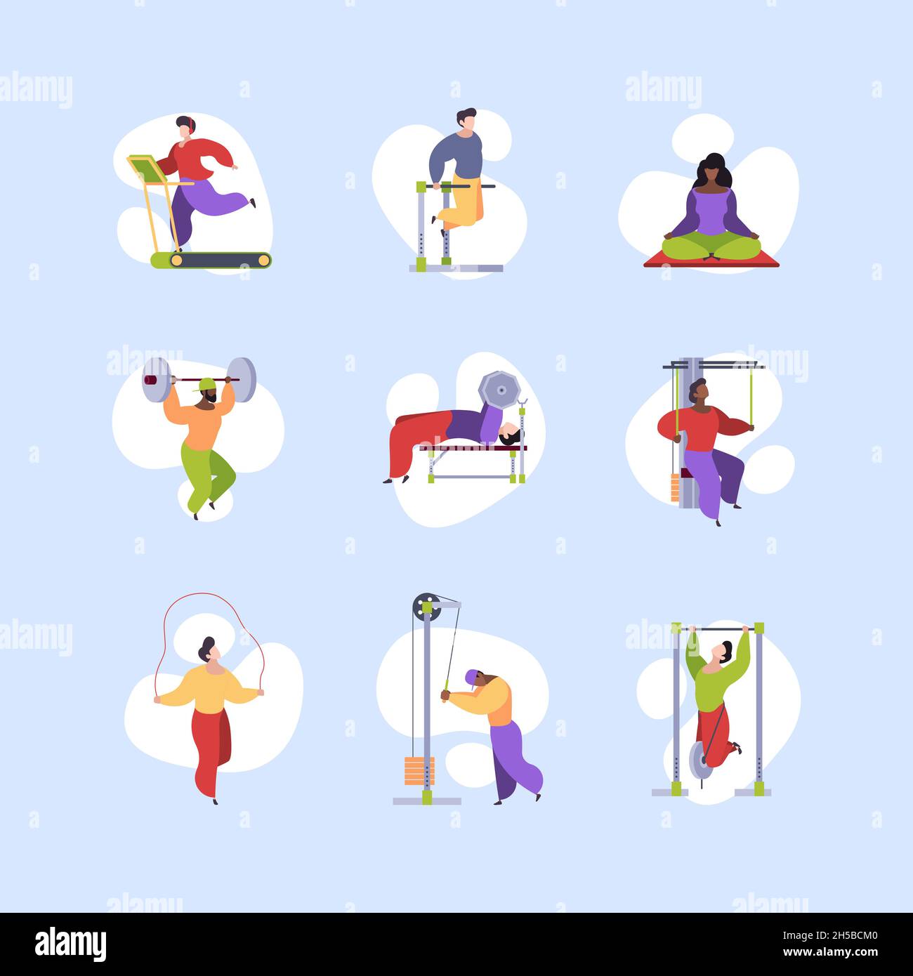 Sport characters. Healthy lifestyle people making daily exercises activity in park yoga gym cycling jogging garish vector flat illustrations Stock Vector