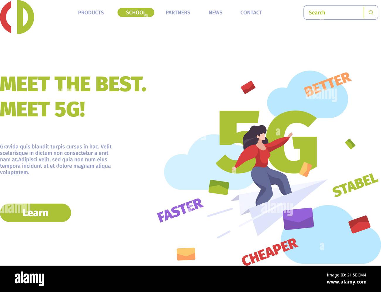 5g landing page. Future mobile technologies gsm internet high speed cellular systems garish vector business web page template Stock Vector