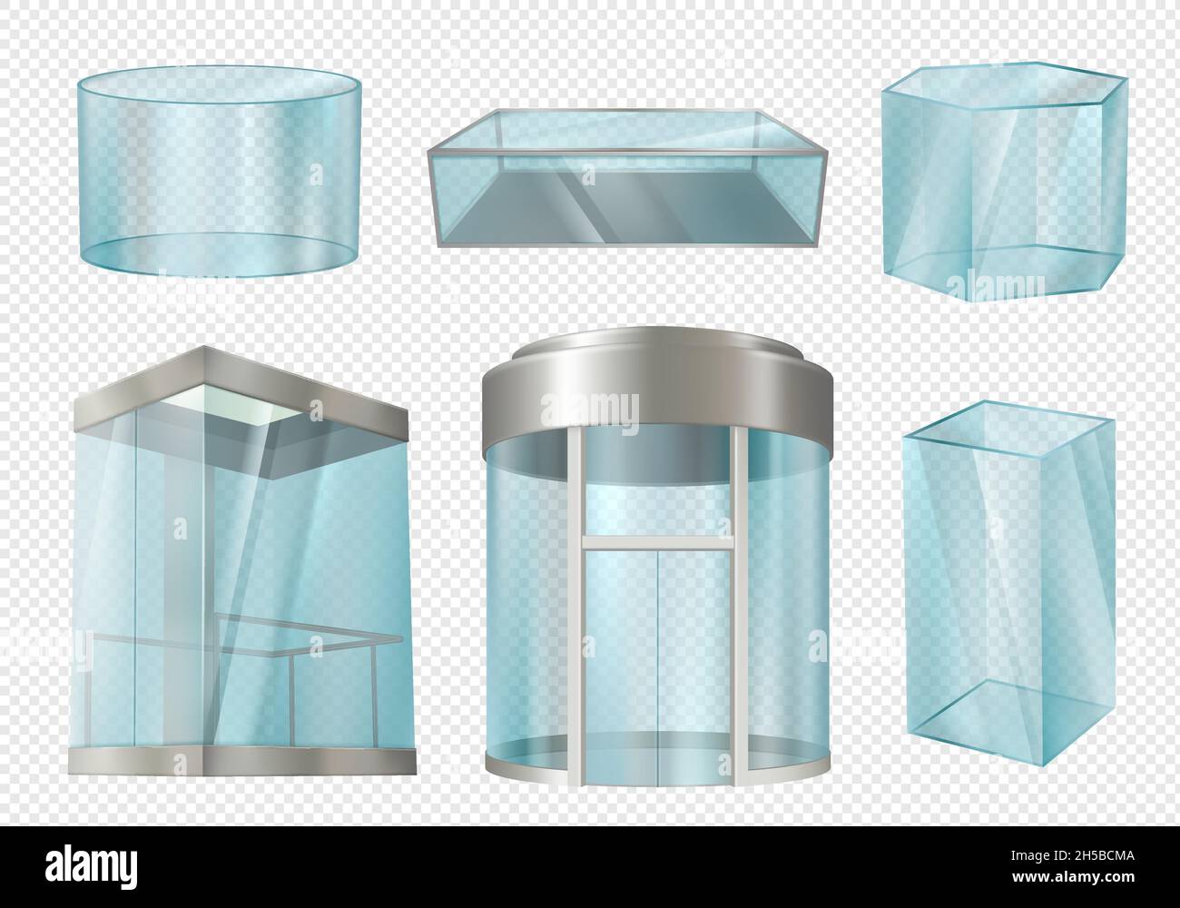 Glass cylinders. Transparent showcases stands in various forms cylinder