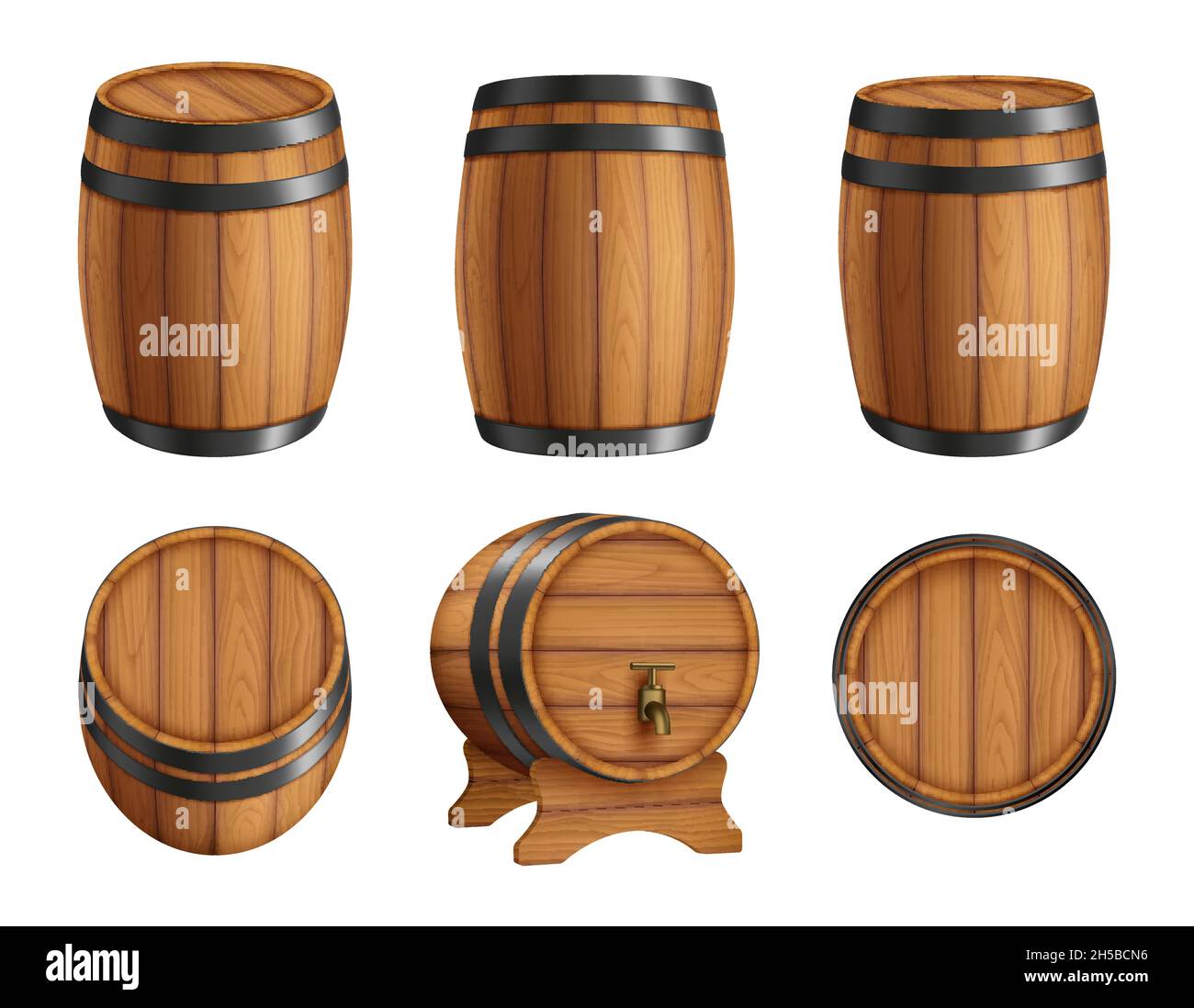 Barrels alcohol. Front and top view of wooden barrels with rum bar containers faucet hoop decent vector realistic illustration set Stock Vector