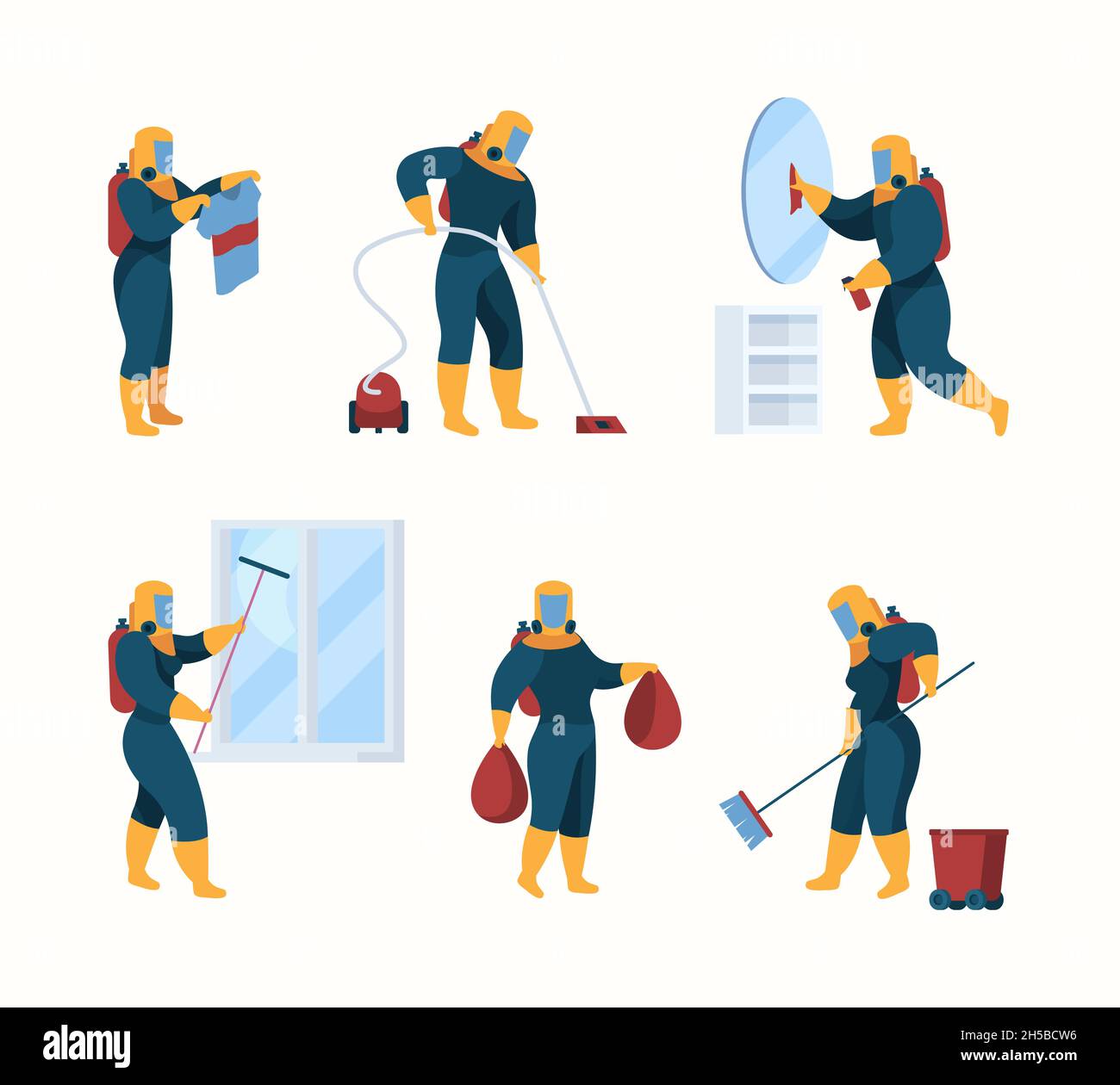 Sanitizing service. Safety cleaning workers in professional uniform