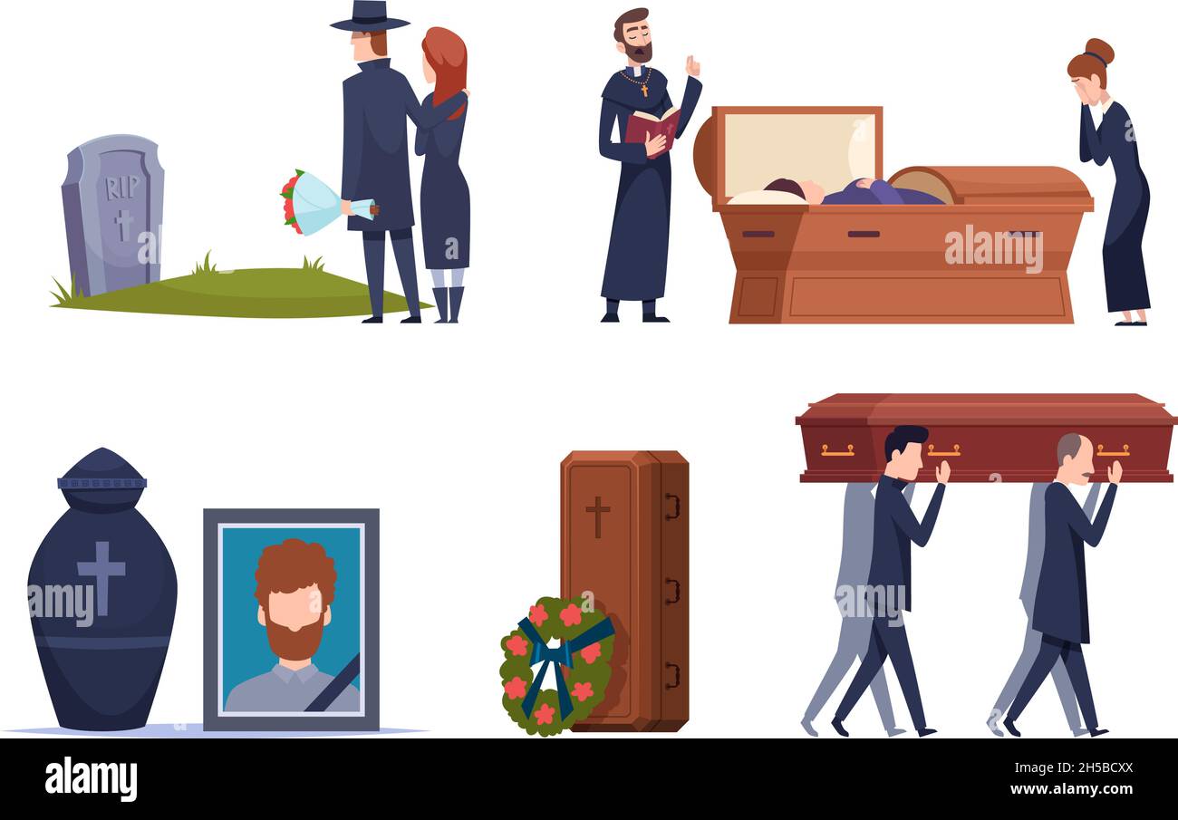 Death service. Grave ceremony tomb cemetery people sad persons psychology problems loss burial exact vector collection set in flat style Stock Vector