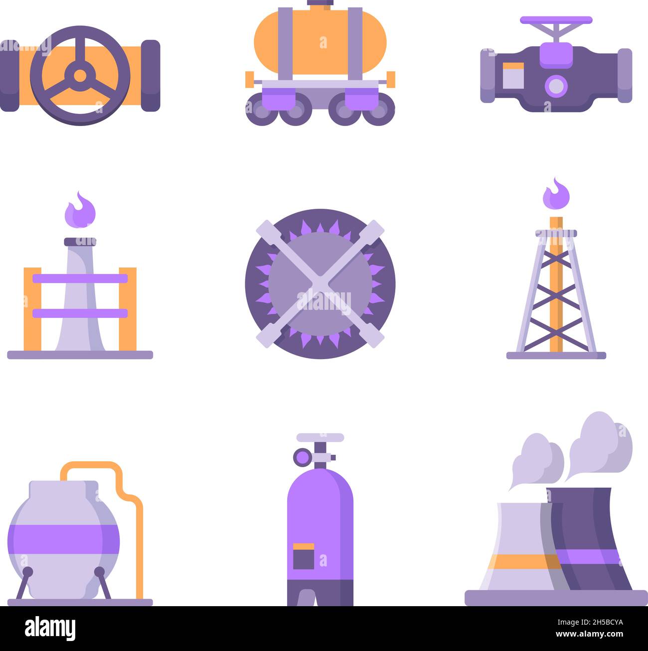Gas production. Natural technology tower factory pipe for extraction gas garish vector symbols of power icons of transporting tanks and blue flame Stock Vector