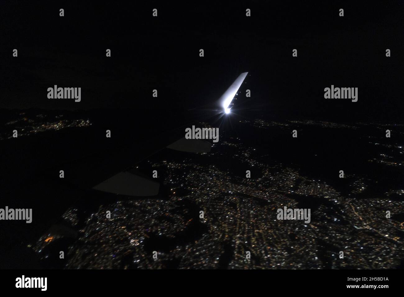 airport lights during landing at night Stock Photo