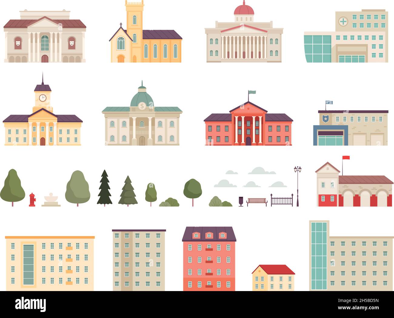 Urban municipal houses. Different buildings in city infrastructure office police and fire station bank supermarkets hospital campus nowaday vector Stock Vector