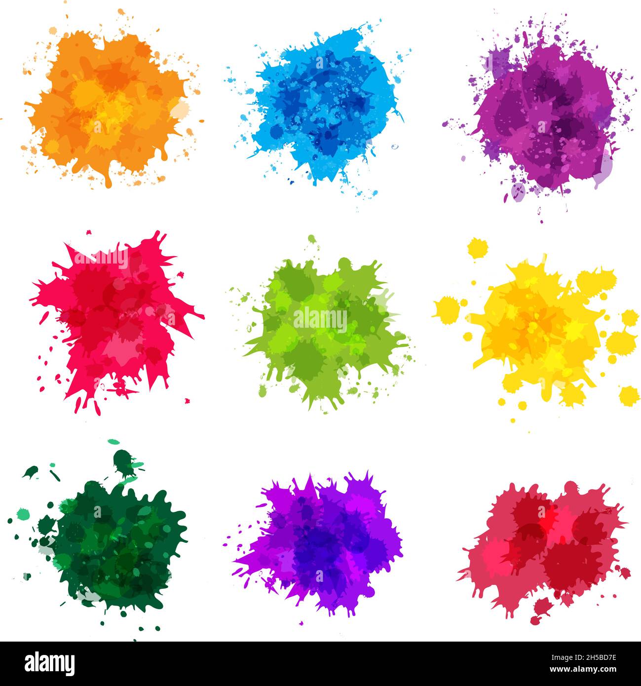 Paint splashes. Colored backdrop abstract splatter graphics ink yellow blue green magenta recent vector collection splashes template Stock Vector