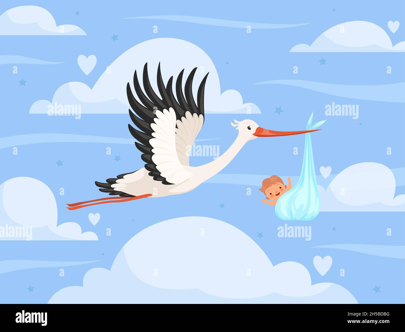 Stork with baby in clouds. New born little kids toddler birth stork delivery nowaday vector background Stock Vector