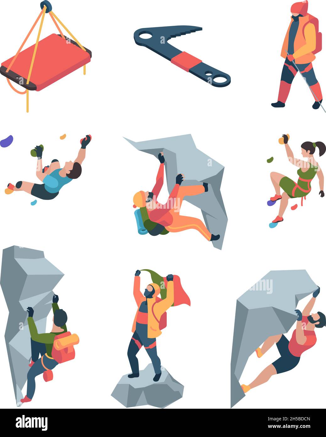 Sport climbers. Active lifestyle people mountain rock team sportsmen healthy persons garish vector climbers set isolated Stock Vector