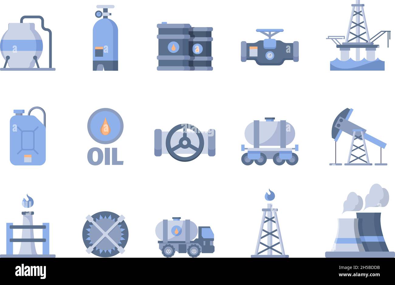 Oil and gas production icons. Nature exploration blue gas oil extraction refinery pipe factory and transporting tanks tower exudes natural energy Stock Vector