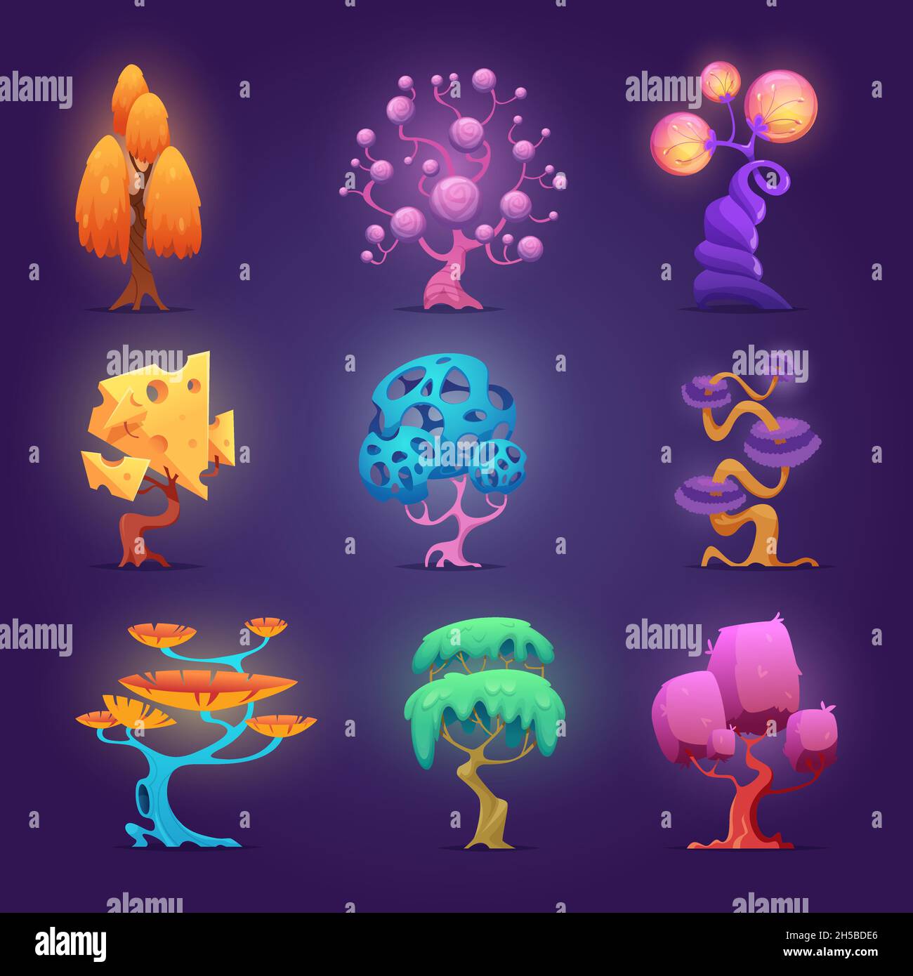 Fairytale plants. Magic tree glowing effects fantasy gardening symbols collection exact vector fairytale illustrations set Stock Vector
