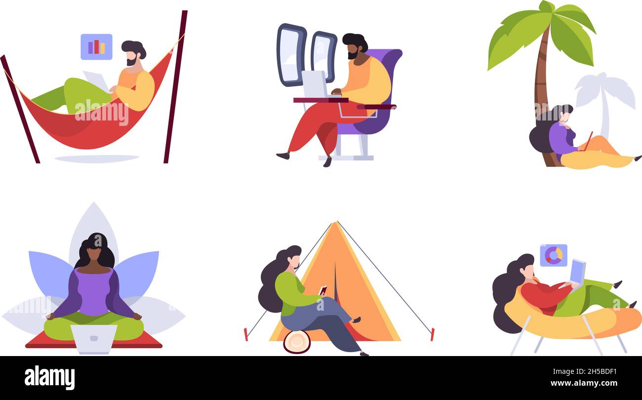 Simple lifestyle. Characters expenses philosophy minimalism outdoor freelancers business downshifting voluntaries garish vector abstract metaphors Stock Vector