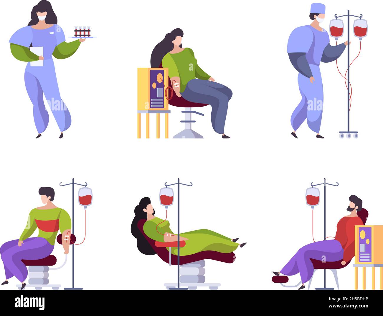 Blood donation. Hospital medical care people on chair confident medical donation garish vector flat stylized characters Stock Vector