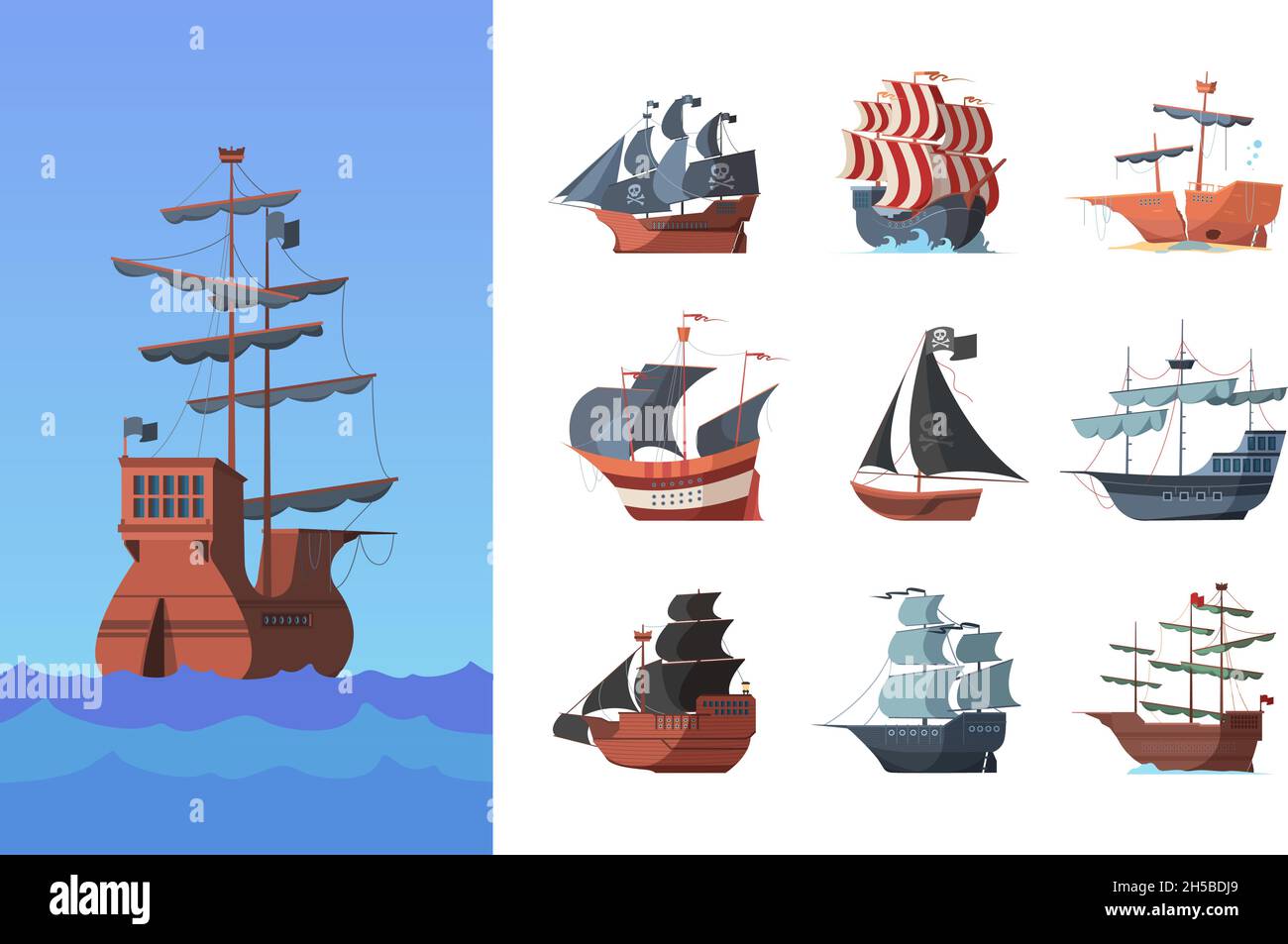 Pirate boats. Old shipping sails traditional vessel pirate symbols garish vector illustrations collection set Stock Vector