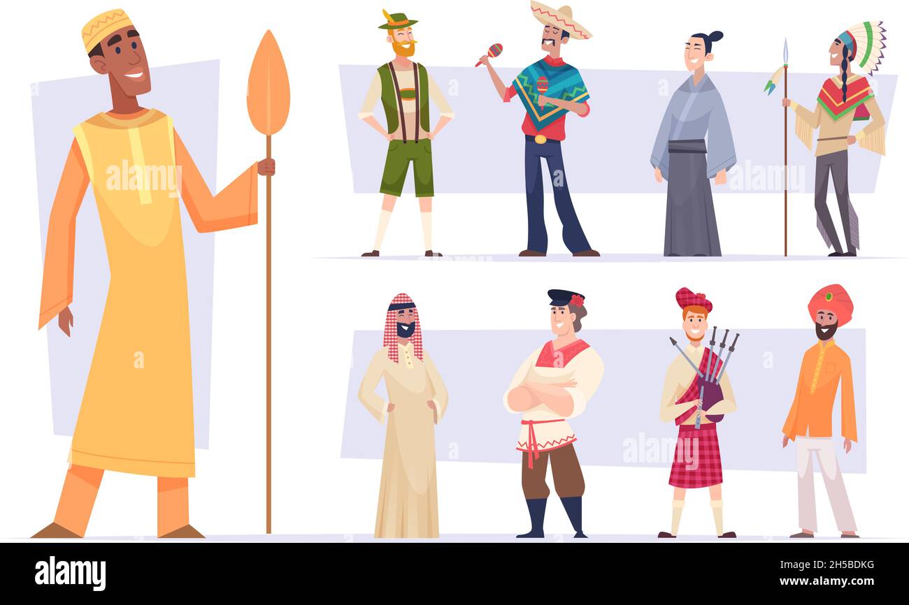 Ethnic groups. Funny people in different nationalities in ethnic clothes exact vector illustrations Stock Vector