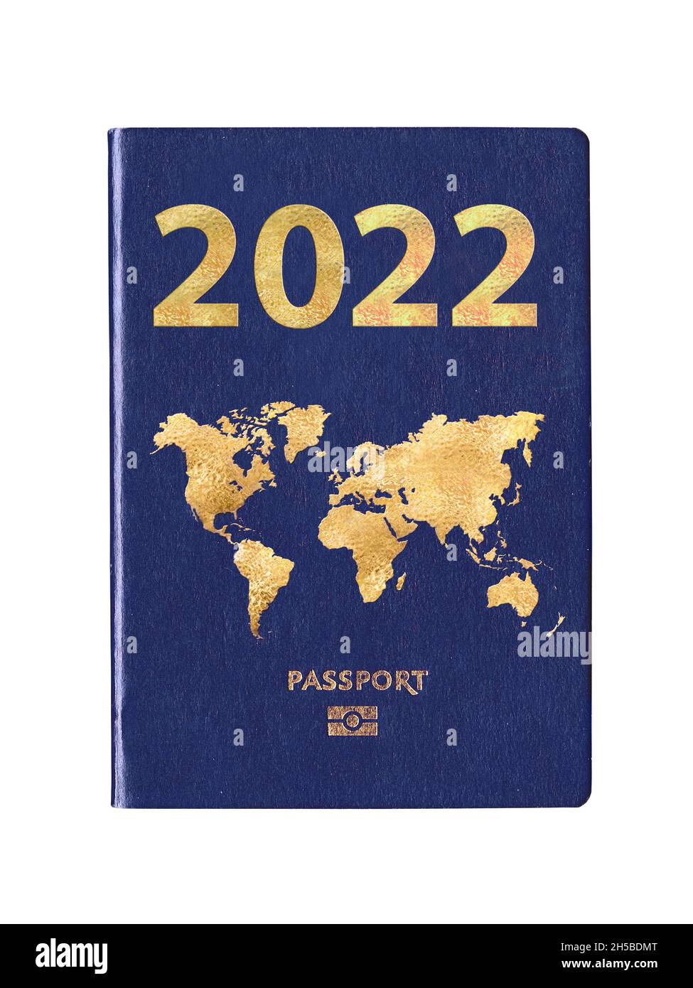 Blue passport 2022 with a world map on the cover, new year travel concept Stock Photo