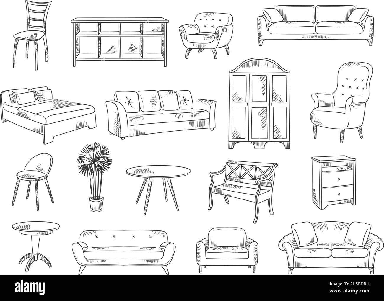 Sketches furniture. Modern interior objects chairs beds technical drawings for architectural design projects recent vector illustrations set Stock Vector