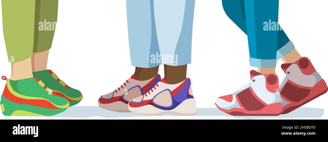 Feet in sneakers. Active lifestyle people standing in fashioned running sneakers streetwear shoes trendy colors stylish persons garish vector Stock Vector