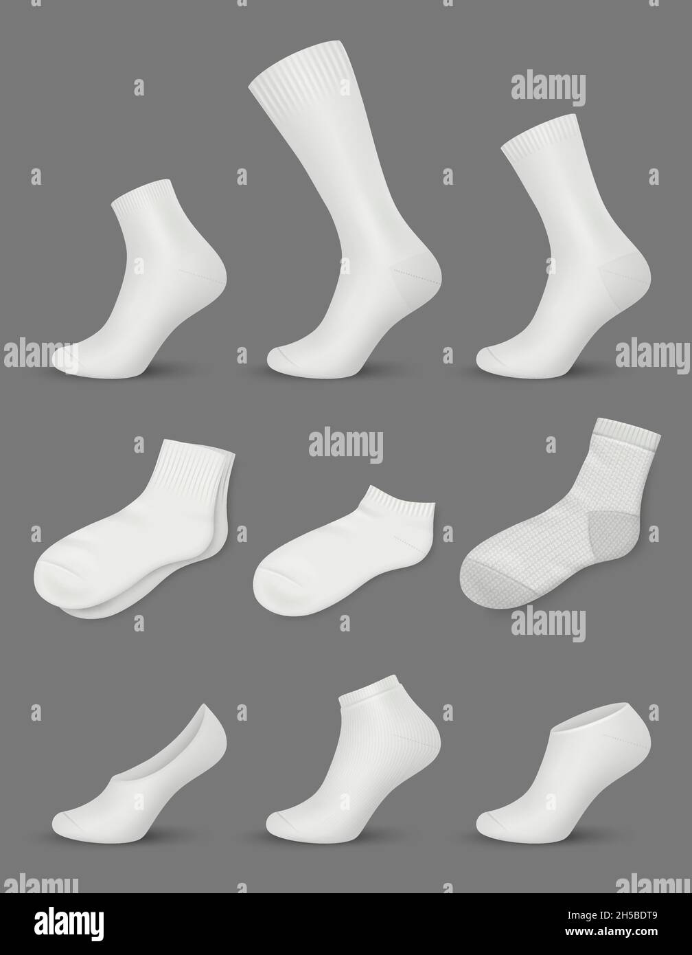 White socks. Collection of fashioned modern clothes for men white shoes socks mockup decent vector realistic set isolated Stock Vector