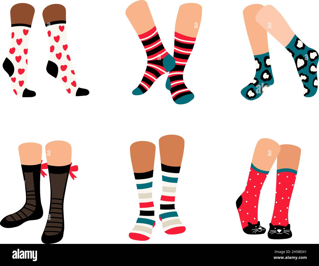 Cute socks. Stylish collection cotton clothes for legs, vector illustration set of beautiful cloth with ornaments to warm isolated on white background Stock Vector