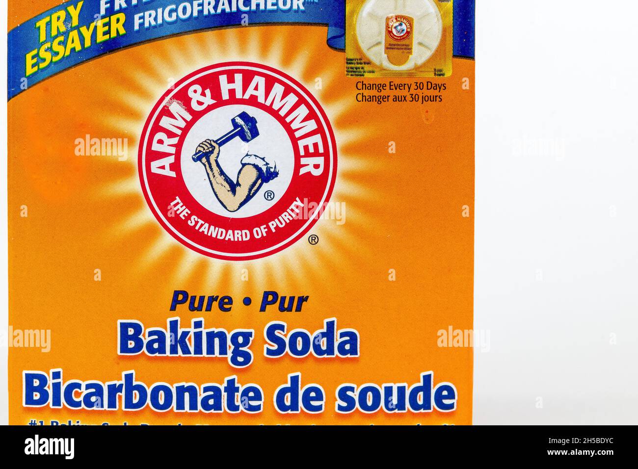 Label front view of a box of Arm & Hammer baking soda.Nov.7, 2021 Stock