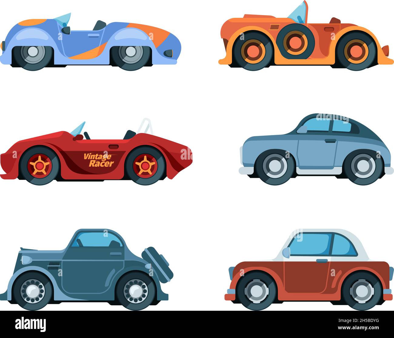Retro cars. Old style vehicles urban transportation wheels driving car garish vector vintage collection in flat style Stock Vector