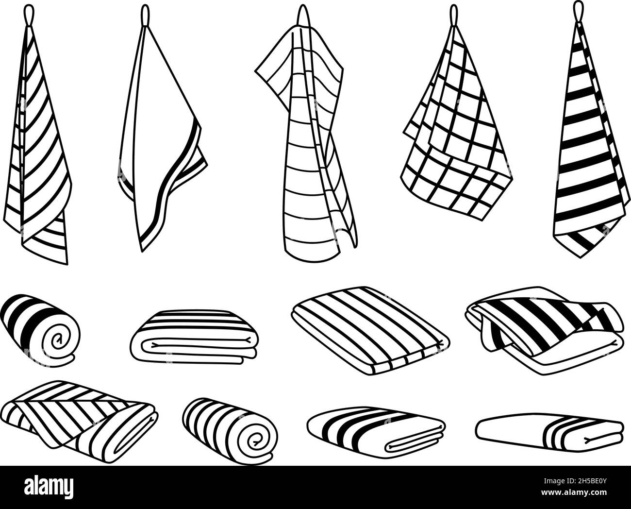 Towels for kitchen icons. Hand drawn cute clean items for drying, cartoon  hanging and stacked towel set, vector illustration rolls of textile fabric  isolated on white background Stock Vector Image & Art -