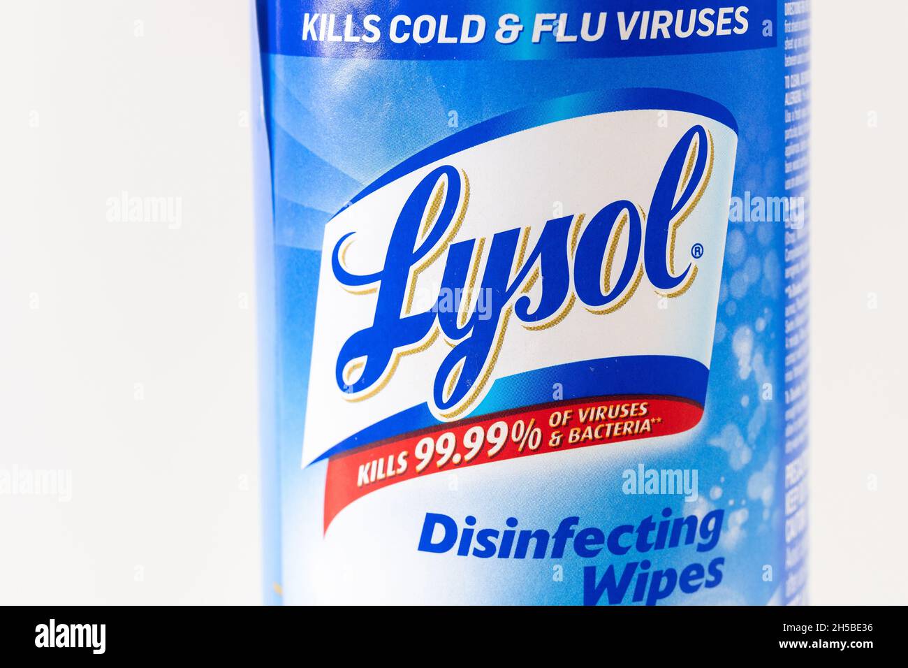 Label in a container of Lysol disinfecting wipes. Nov. 7, 2021 Stock Photo
