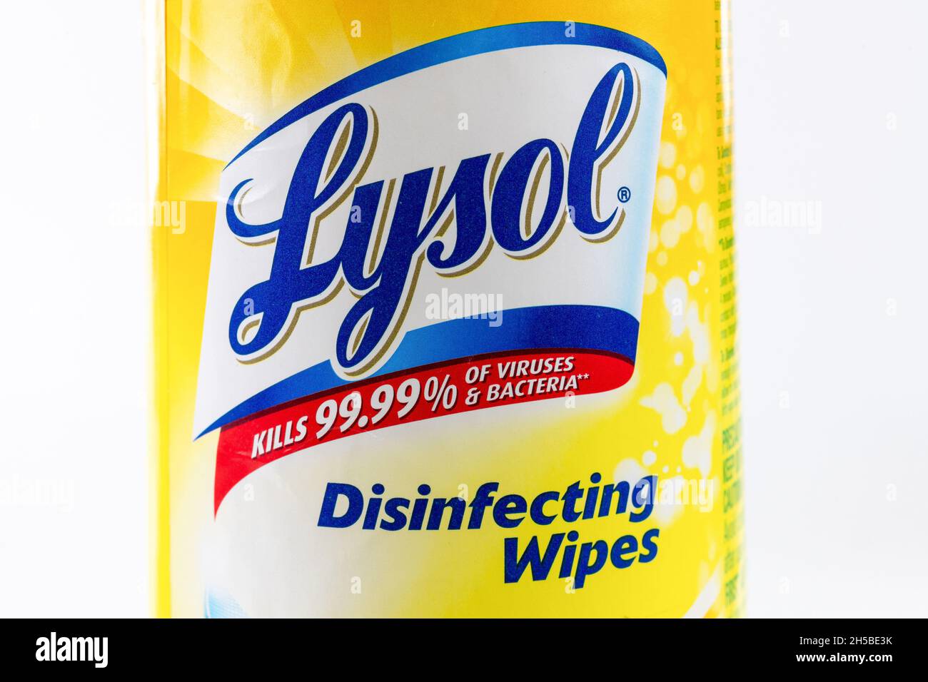 Label in container of Lysol disinfecting wipes.Nov. 7, 2021 Stock Photo