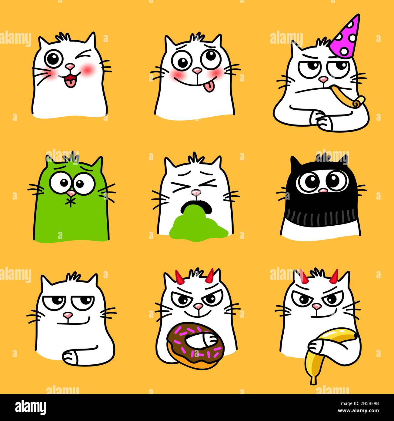 Cats expressions. Cartoon pets with cute emotions, creative smiles of home  animal, vector illustration of funny emoji of cat with big eyes isolated on  yellow background Stock Vector Image & Art -