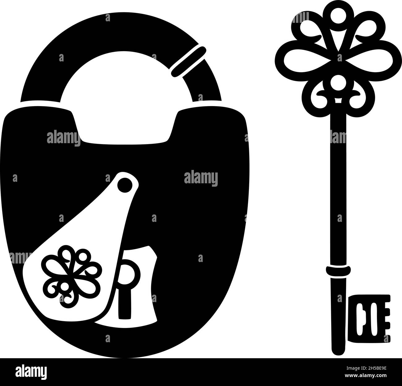 Silhouettes of antique key and padlock. Cartoon medieval objects for ...