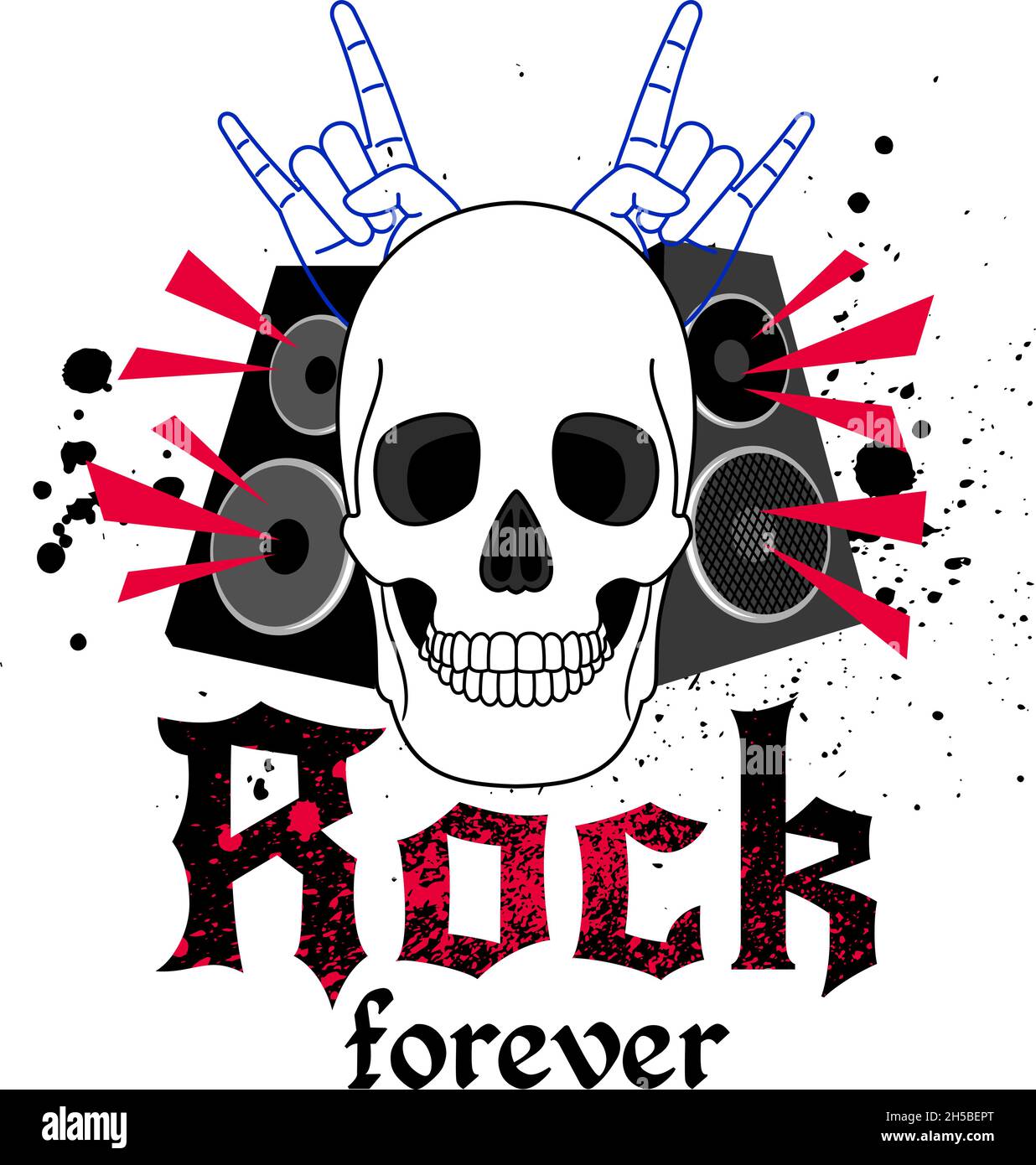 Rock music logo with skulls. Cartoon graphic stickers or stamps
