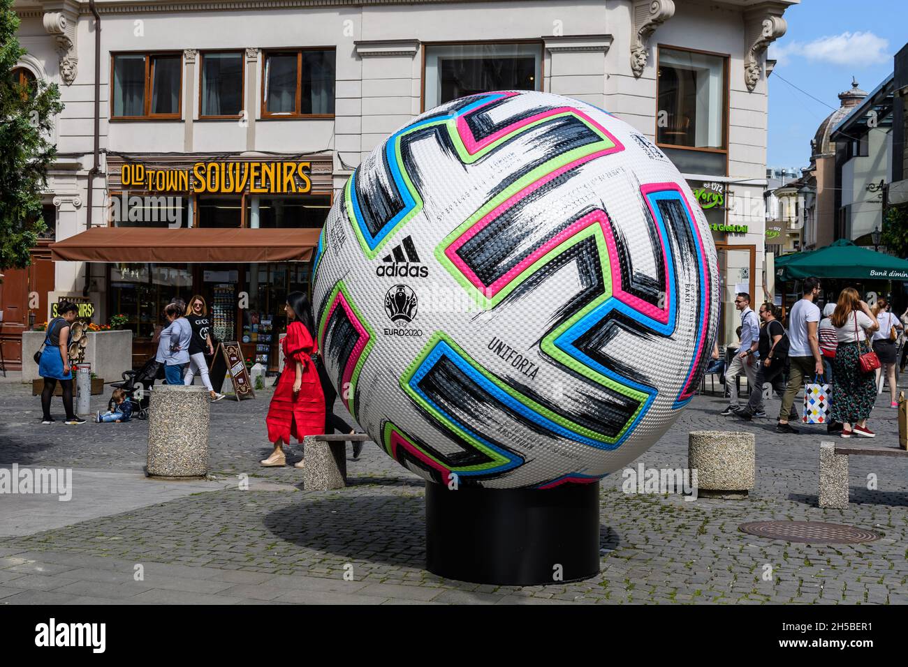 Bucharest, Romania, 5 June 2021 - Official Adidas Uniforia large match ball  is displayed in a street in the old city center as of a host city for UEFA  Stock Photo - Alamy