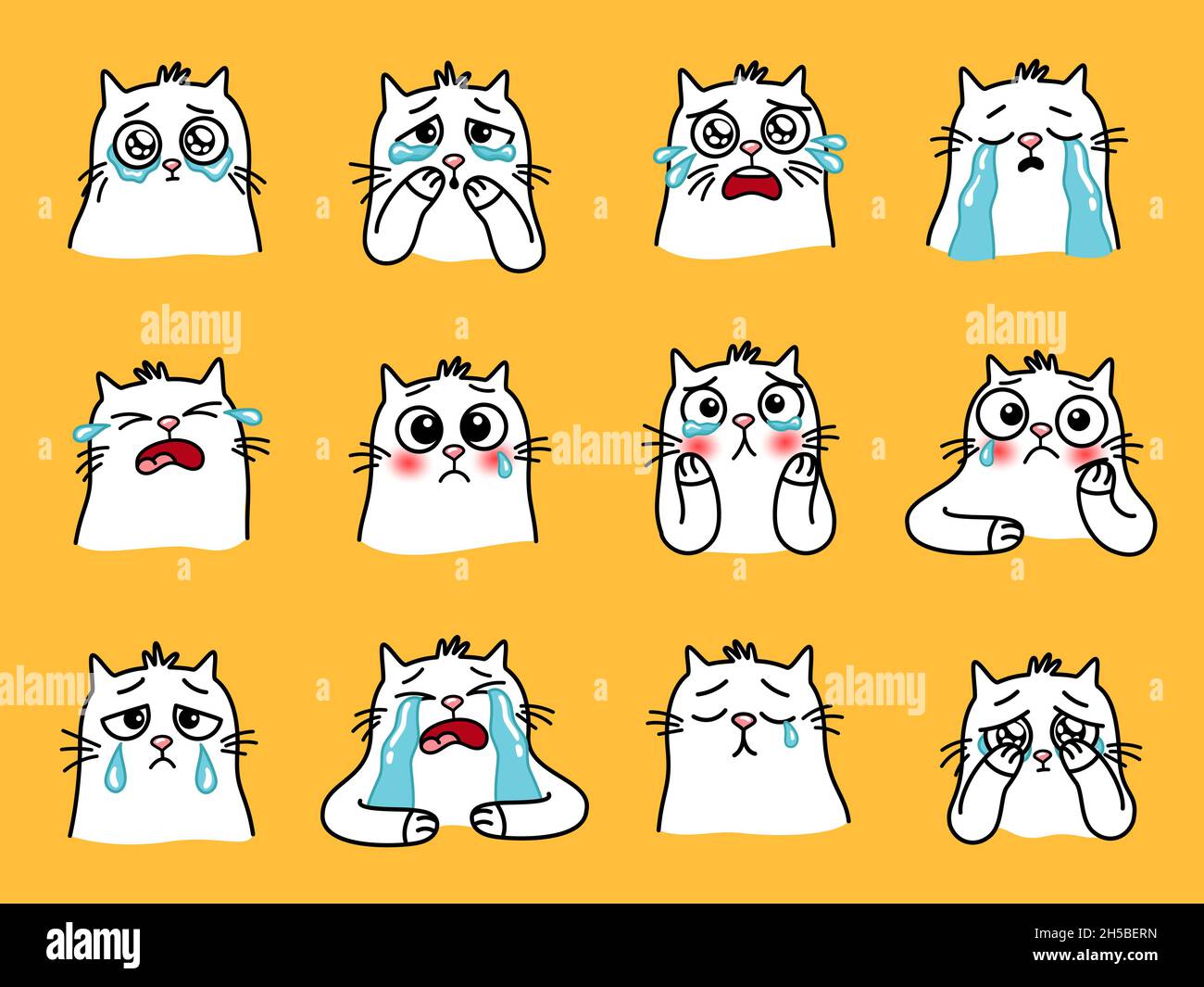 Sad cats emoji. Cartoon home animals with big eyes, cute emotions of loving  pets, vector illustration of crying cat set isolated on yellow background  Stock Vector Image & Art - Alamy