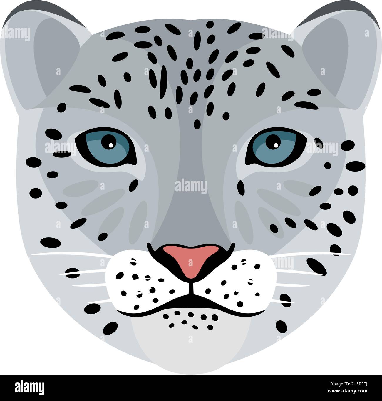 Snow leopard. Cartoon front face of wildcat, elements of hunting trophy, vector illustration portrait of aggressive beast isolated on white background Stock Vector