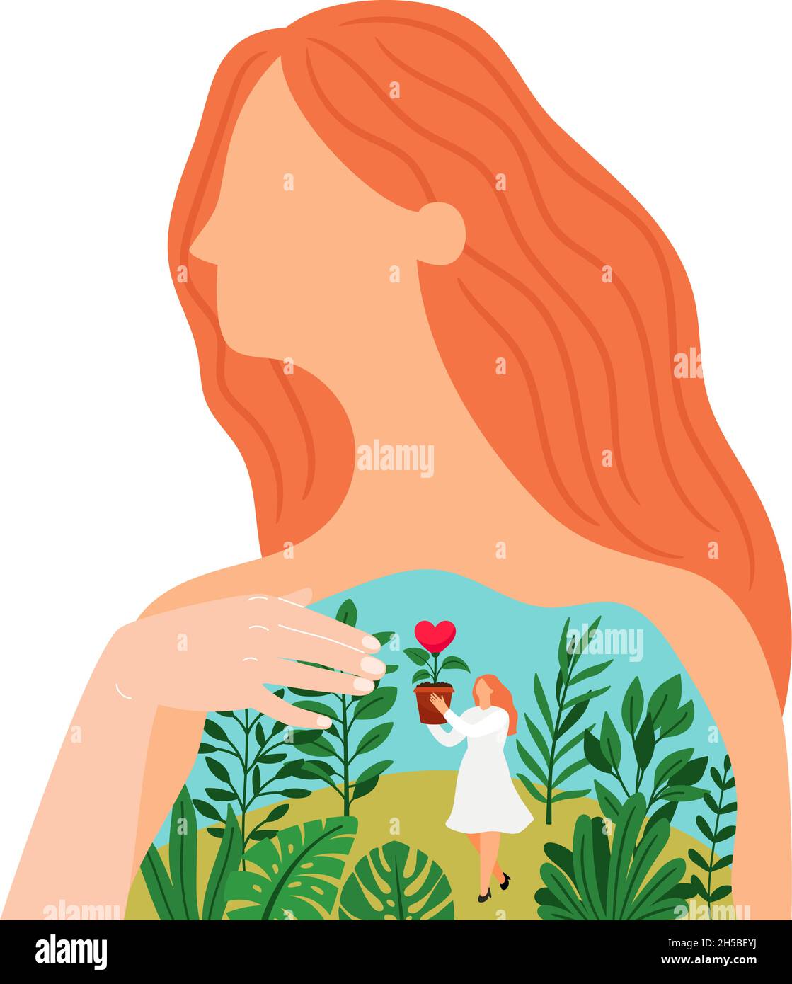 Woman in love. Female person given self heart flower vector