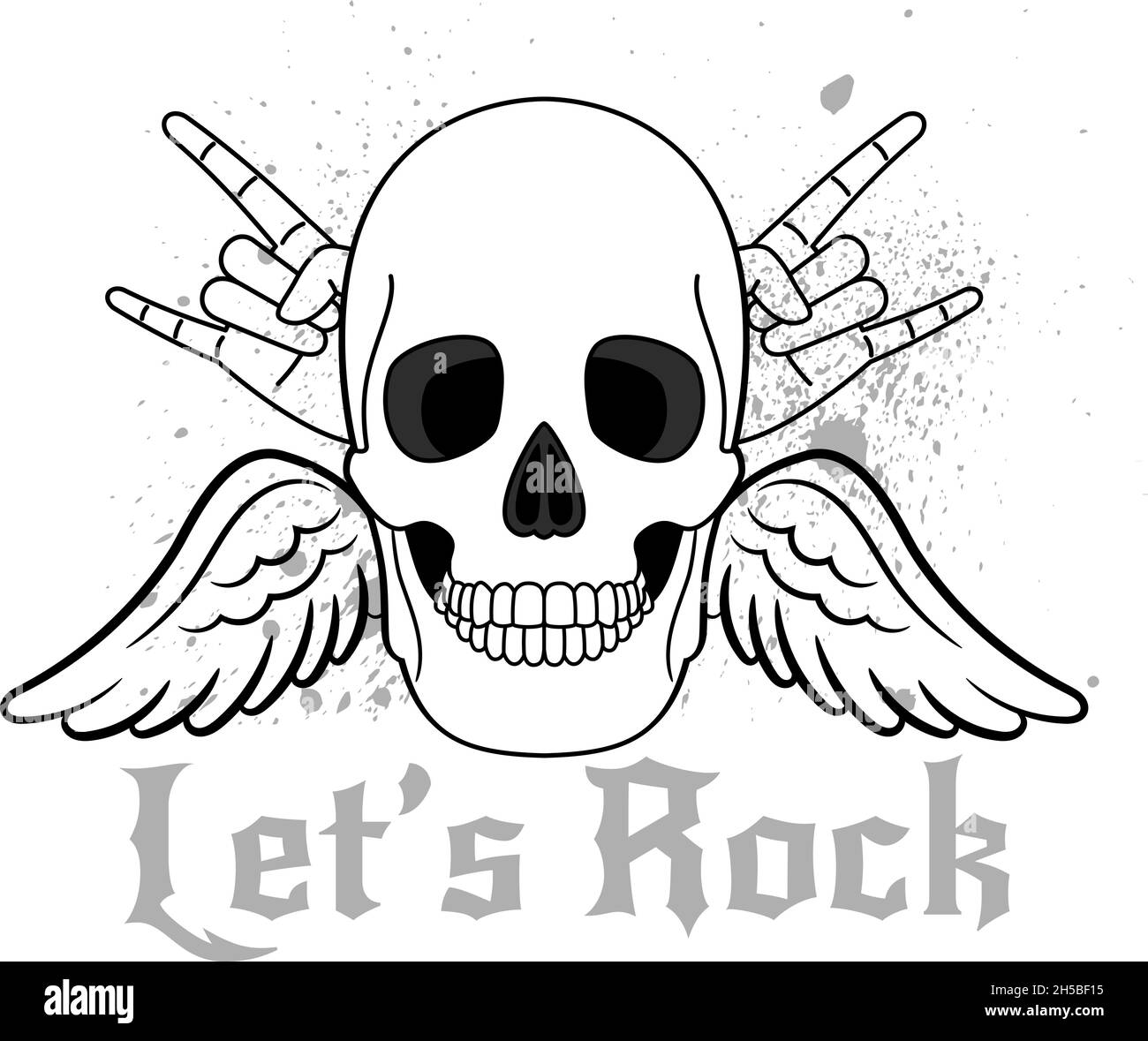 Lets rock logo. Cartoon sticker of cool skull, poster element of musical festivals, vector illustration tattoo for musicians of metal music isolated on white background Stock Vector
