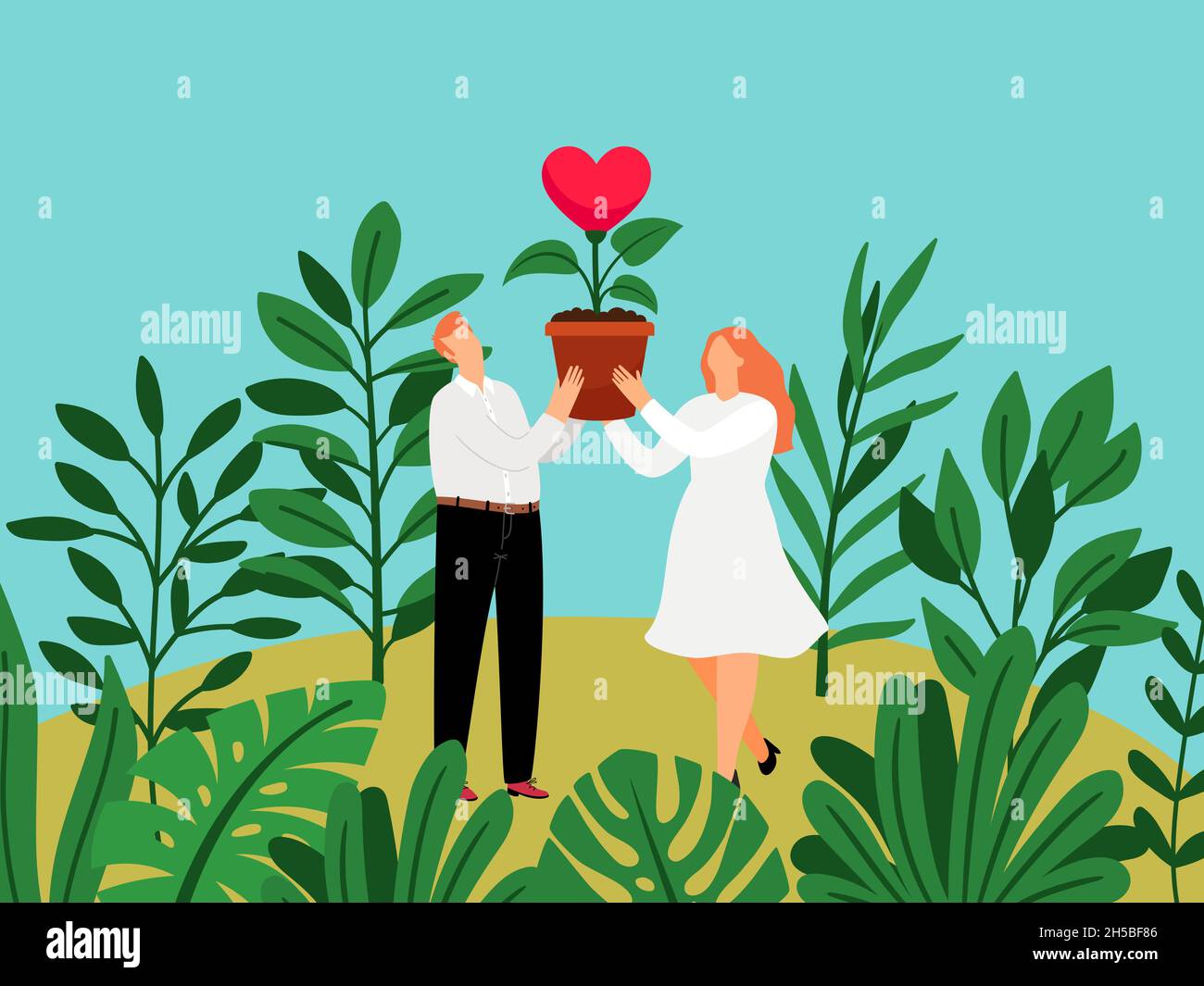 Grow love. Woman and man with heart in flowerpot with tropical monstera  leaves, working relationship growth concept, lovely valentines growing  vector illustration Stock Vector Image & Art - Alamy